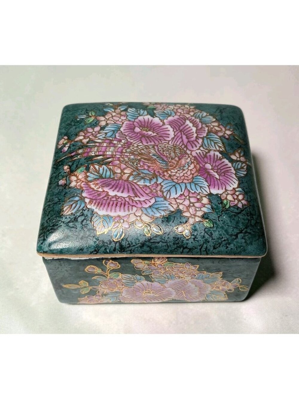 Vintage Chinese Moriage Floral Bird Porcelain Lidded Trinket Jewelry Box Asian